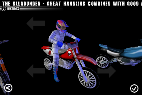 Choix de la moto et du pilote dans jeu Red Bull FMX X-Fighters sur iPhone