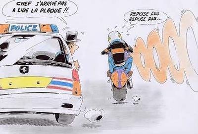Dessin humoristique d'une solution anti-radar pour les motards