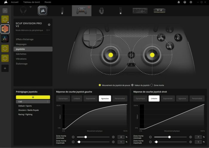 réglages courbes et zones mortes sticks fps
